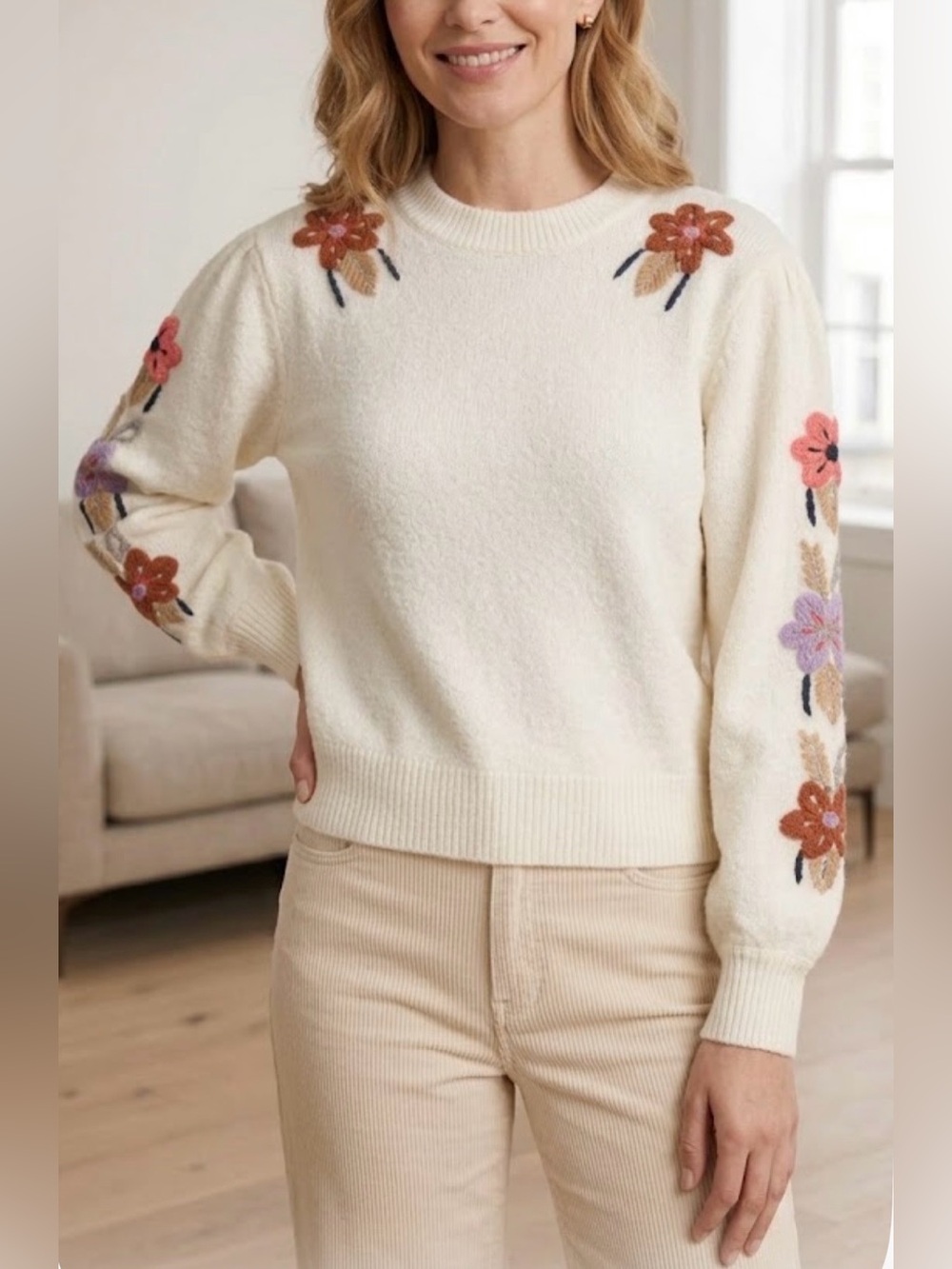 Something Navy Cream Crewneck Sweater with Floral Embroidery